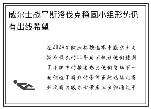 威尔士战平斯洛伐克稳固小组形势仍有出线希望