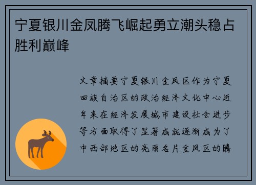 宁夏银川金凤腾飞崛起勇立潮头稳占胜利巅峰