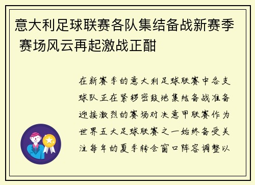 意大利足球联赛各队集结备战新赛季 赛场风云再起激战正酣