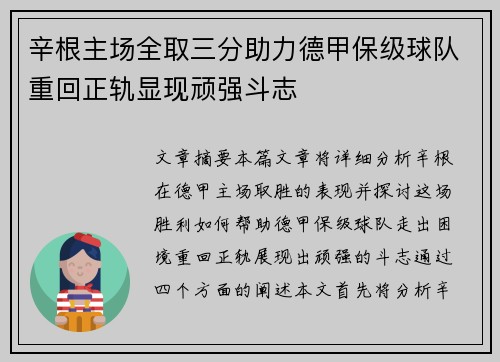 辛根主场全取三分助力德甲保级球队重回正轨显现顽强斗志