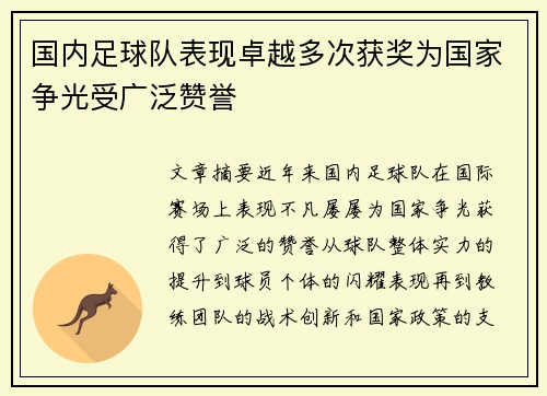 国内足球队表现卓越多次获奖为国家争光受广泛赞誉