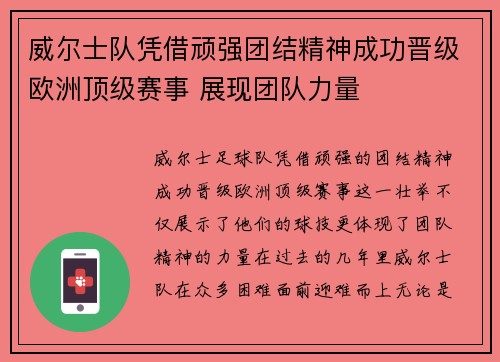 威尔士队凭借顽强团结精神成功晋级欧洲顶级赛事 展现团队力量