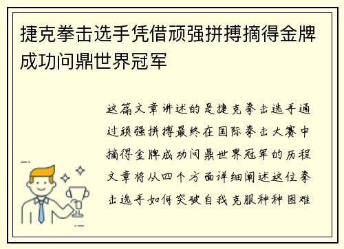 捷克拳击选手凭借顽强拼搏摘得金牌成功问鼎世界冠军