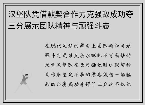 汉堡队凭借默契合作力克强敌成功夺三分展示团队精神与顽强斗志