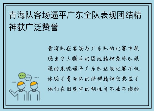 青海队客场逼平广东全队表现团结精神获广泛赞誉
