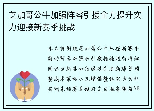 芝加哥公牛加强阵容引援全力提升实力迎接新赛季挑战